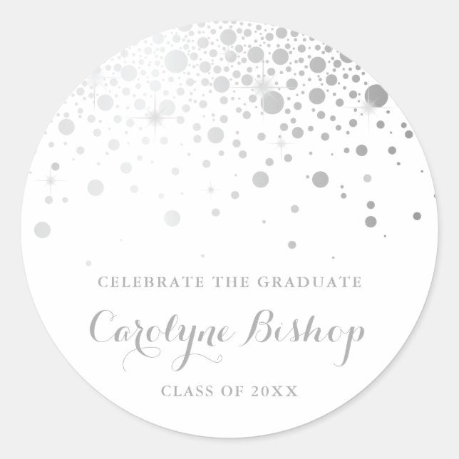 Faux SIlver Confetti Personalised Graduation Classic Round Sticker (Front)