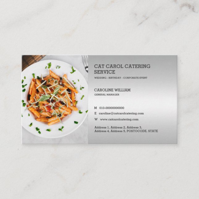 Faux Silver Custom Formal Food Business Catering Business Card (Front)