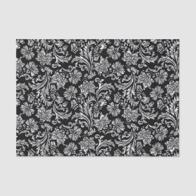 Faux Silver Floral Damasks Black Background 2 Tissue Paper (Front)