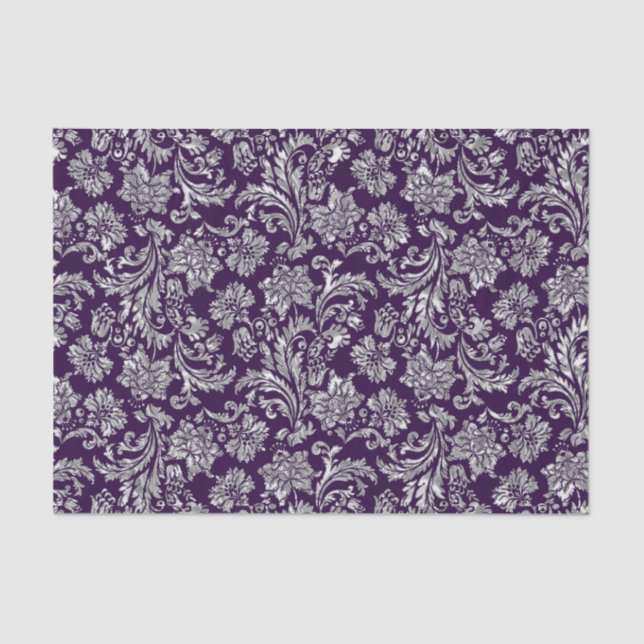 Faux Silver Floral Damasks Purple Background Tissue Paper (Front)