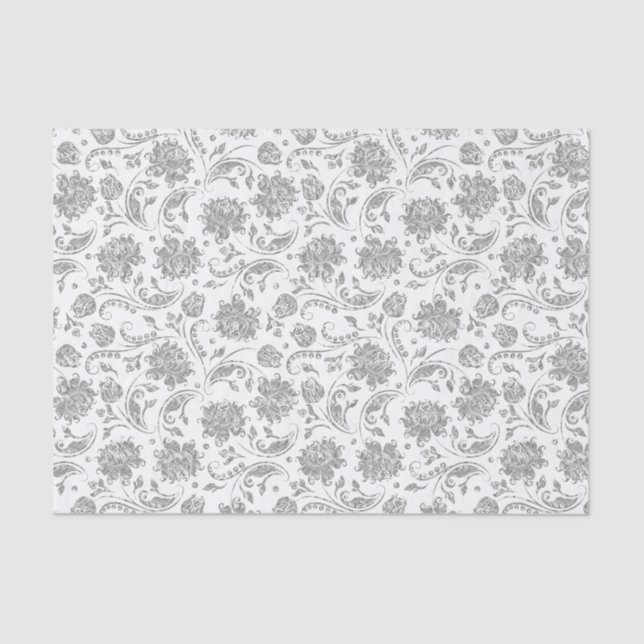Faux Silver Floral Damasks White Background Tissue Paper (Front)