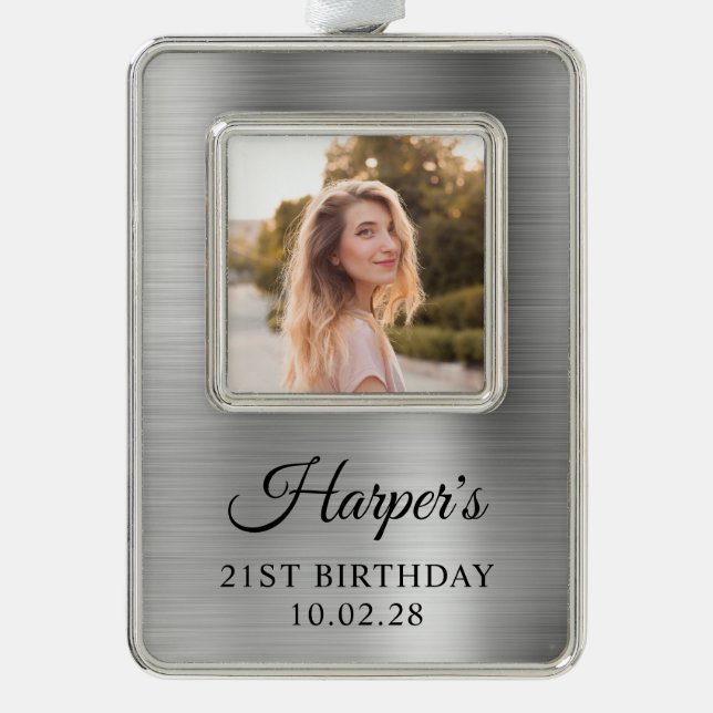 Faux Silver Foil 21st Birthday Photo Silver Plated Framed Ornament (Front)