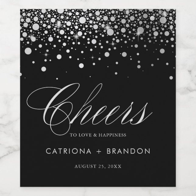 Faux Silver Foil and Black Confetti Dots Wedding Wine Label (Single Label)