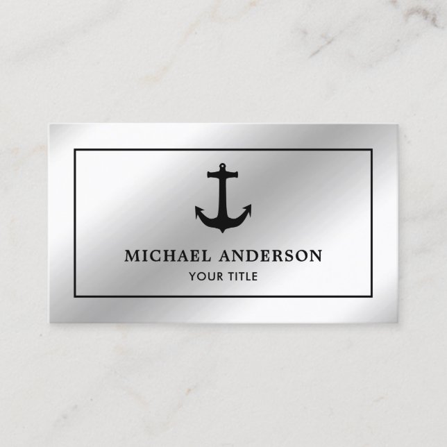 Faux Silver Foil Black Nautical Anchor Business Card (Front)