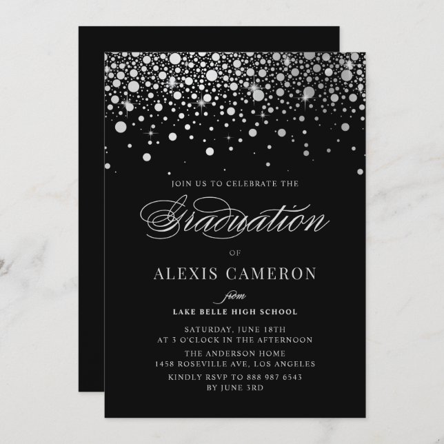 Faux Silver Foil Confetti Dots Black Graduation Invitation (Front/Back)