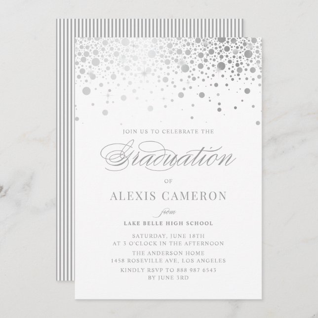Faux Silver Foil Confetti Dots Graduation Invitation (Front/Back)
