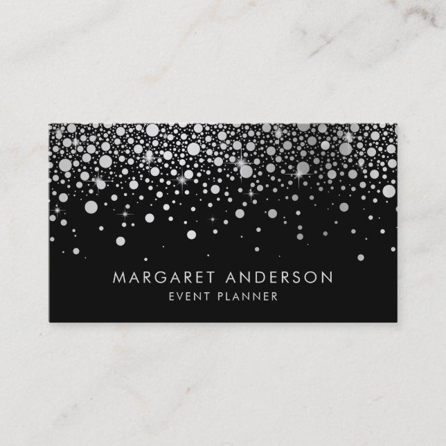 Faux Silver Foil Confetti Dots Modern Black Business Card (Front)