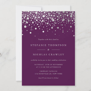 Faux Silver Foil Confetti Dots Purple Wedding Invitation