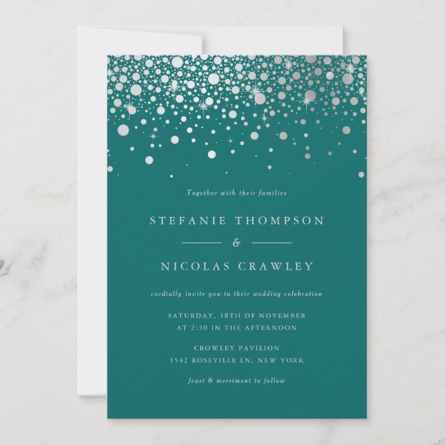 Faux Silver Foil Confetti Dots Teal Wedding Invitation (Front)