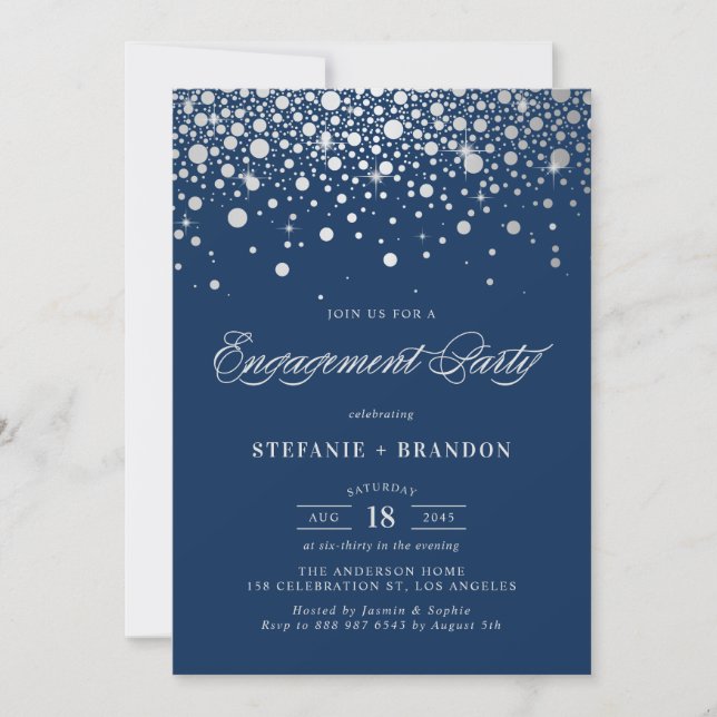 Faux Silver Foil Confetti | Navy Engagement Party Invitation (Front)