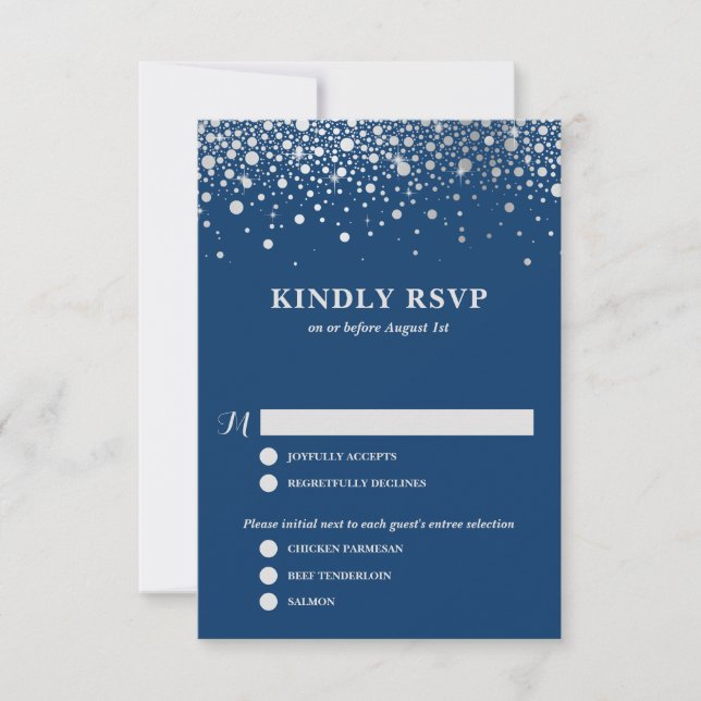 Faux Silver Foil Confetti | Navy Wedding RSVP Card (Front)