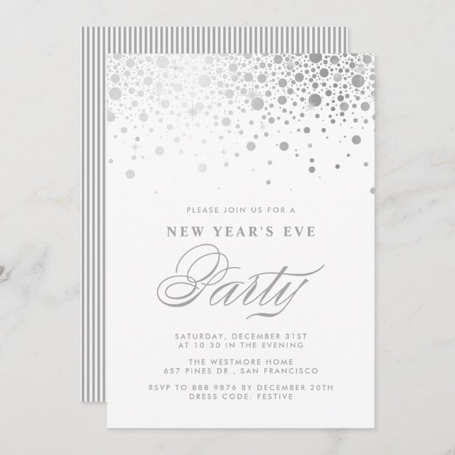 Faux Silver Foil Confetti New Year's Eve Party Invitation (Front/Back)