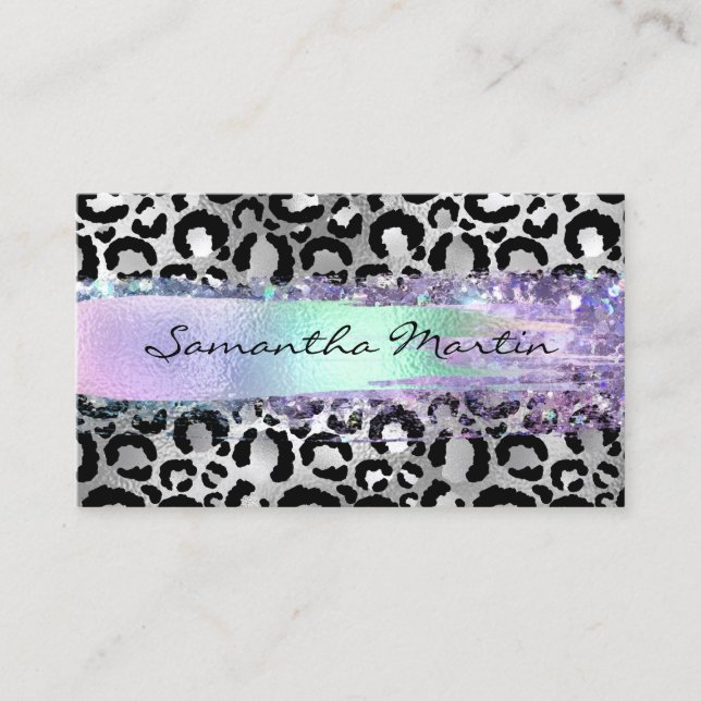 Faux Silver Foil Leopard Iridescent Brush Stroke Business Card (Front)