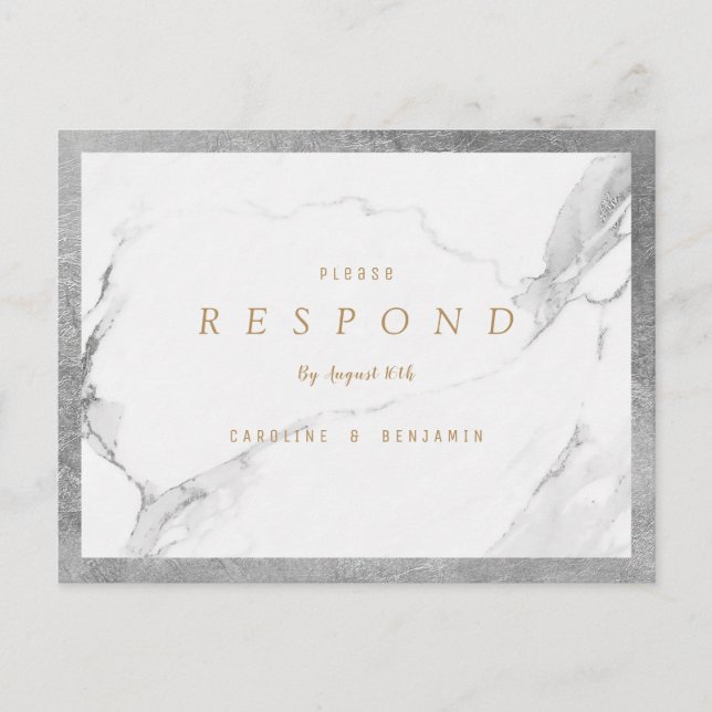 Faux silver foil marble luxury modern wedding RSVP Invitation Postcard (Front)