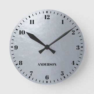 Faux Silver Foil Metallic Grey Black Numbers Name Round Clock