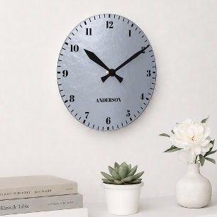 Faux Silver Foil Metallic Grey Black Numbers Name Round Clock
