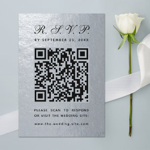 Faux Silver Foil QR Code Black Script Wedding RSVP Card