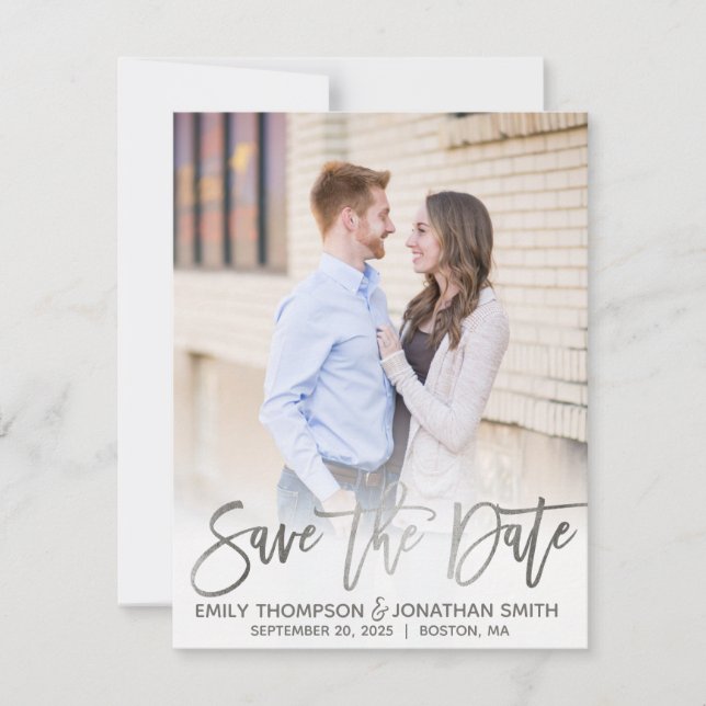 Faux Silver Foil Script Photo Save the Date Card (Front)