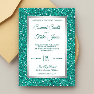 Faux Silver Foil Teal Glitter Wedding Invitation