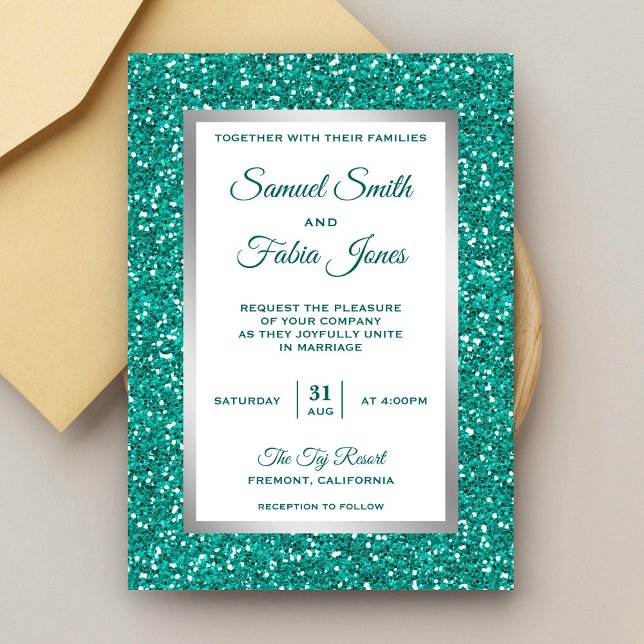 Faux Silver Foil Teal Glitter Wedding Invitation (Creator Uploaded)