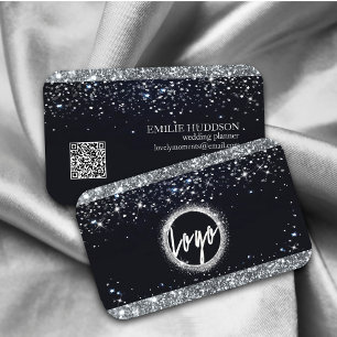 Faux Silver Glitter and Black Elegant QR code Business Card