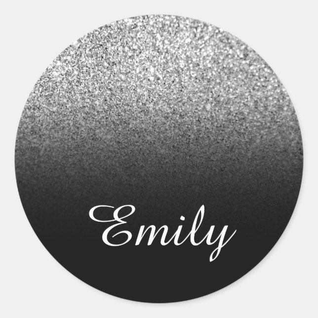 Faux Silver Glitter and Black Gradient Classic Round Sticker (Front)