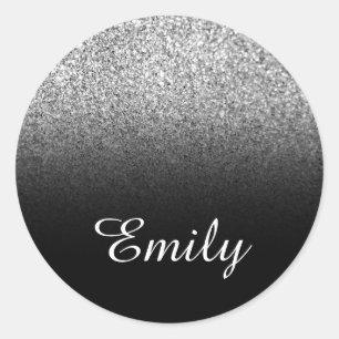 Faux Silver Glitter and Black Gradient Classic Round Sticker