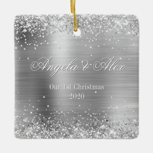 Faux Silver Glitter and Brushed Metal Foil Photo Ceramic Ornament (Front)
