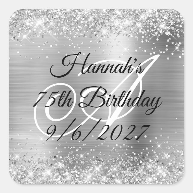 Faux Silver Glitter and Foil 75th Birthday Square Sticker (Front)