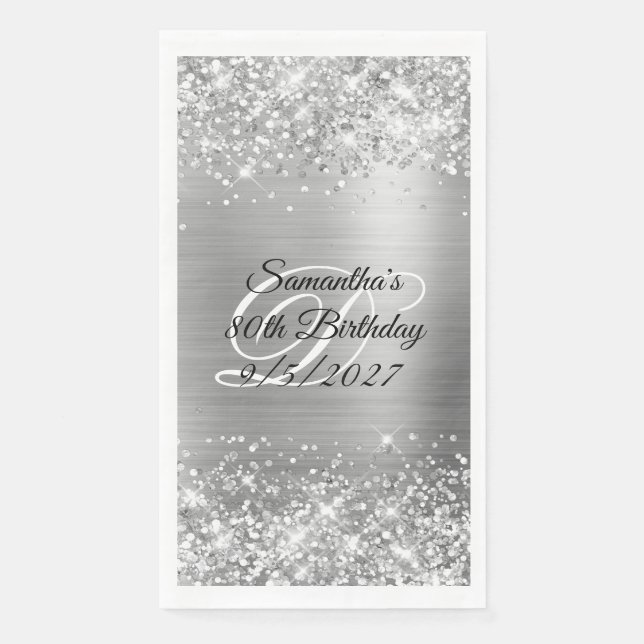 Faux Silver Glitter and Foil 80th Birthday Napkin (Front)