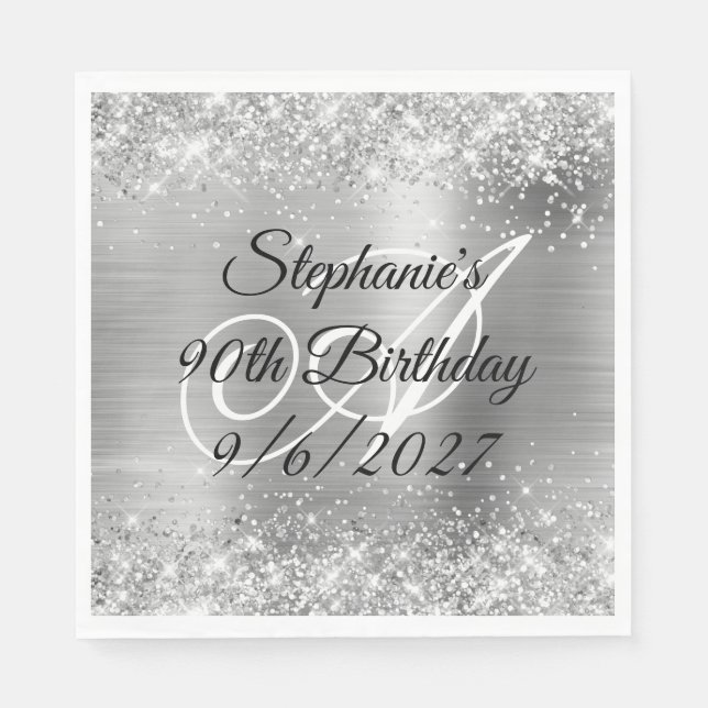 Faux Silver Glitter and Foil 90th Birthday Napkin (Front)