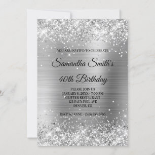 Faux Silver Glitter and Shiny Foil 40th Birthday Invitation
