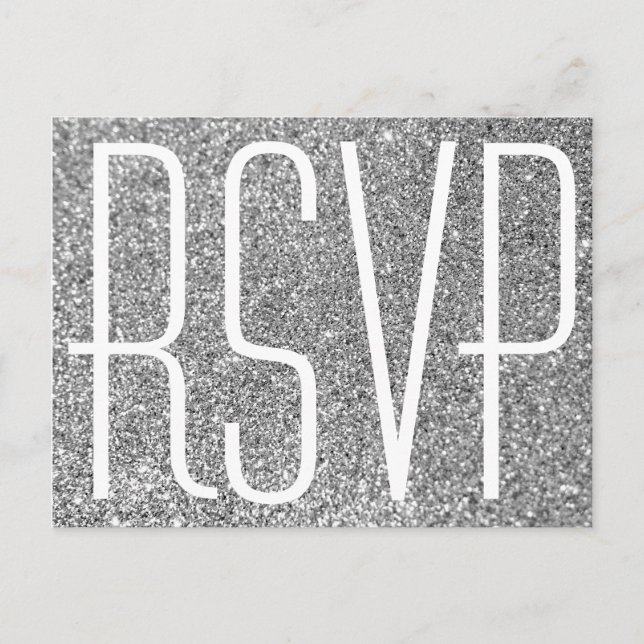 Faux Silver Glitter and White RSVP Postcard (Front)