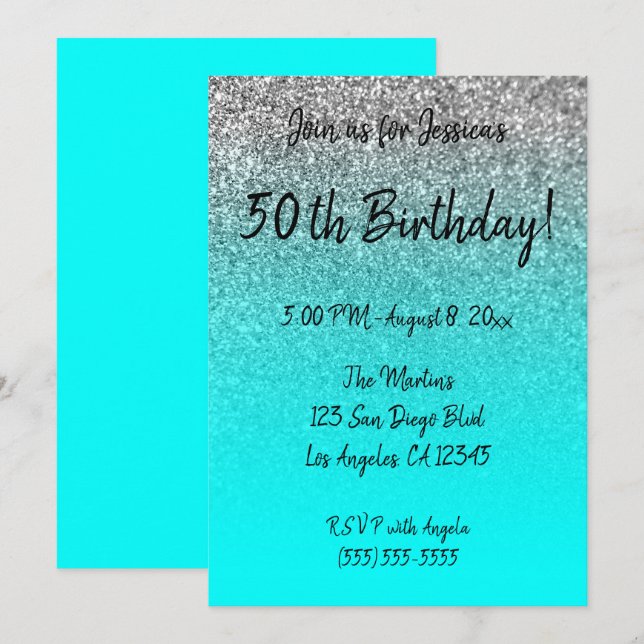 Faux Silver Glitter Aqua Ombre 50th Birthday Invitation (Front/Back)