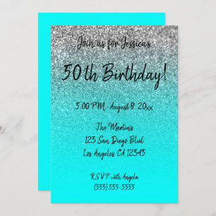 Faux Silver Glitter Aqua Ombre 50th Birthday Invitation