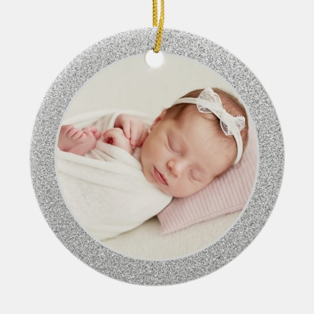 Faux Silver Glitter Baby's First Christmas Photo Ceramic Ornament (Front)