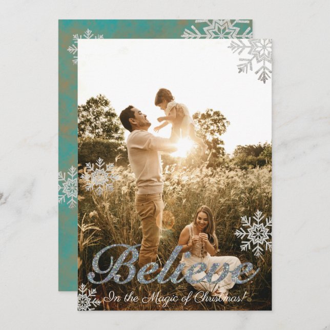 Faux Silver Glitter Believe Photo Holiday Card (Front/Back)