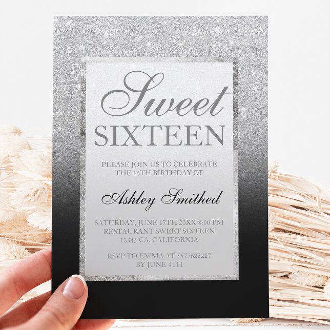 Faux silver glitter black elegant chic Sweet 16 Invitation (Creator Uploaded)