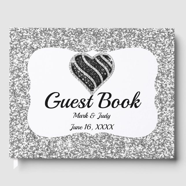 Faux Silver Glitter Black Heart Wedding Guestbook (Front)