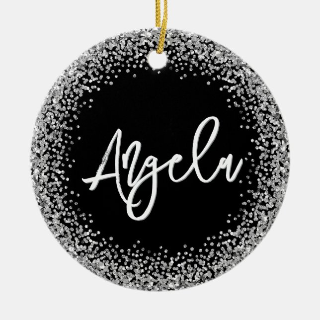 Faux Silver Glitter Black Photo Ceramic Ornament (Front)