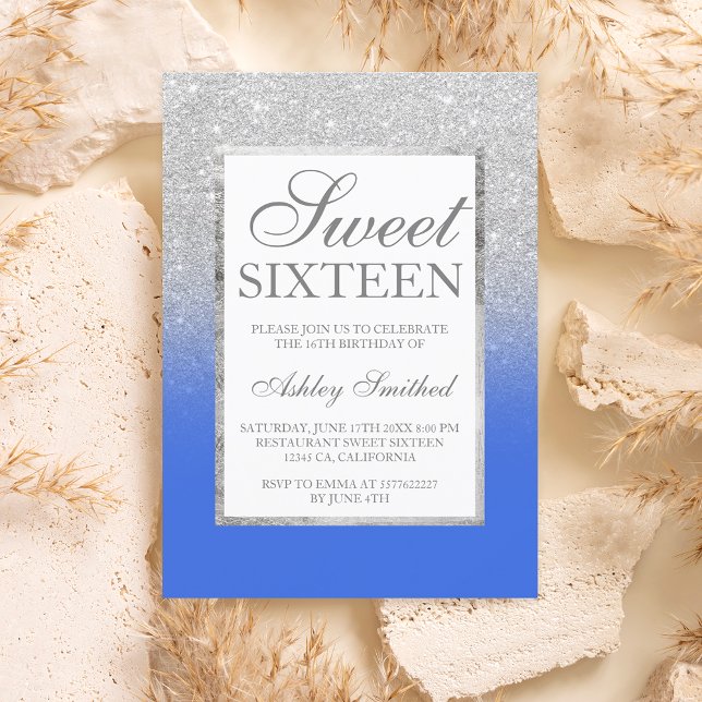 Faux silver glitter blue elegant chic Sweet 16 Invitation (Faux silver glitter blue elegant chic Sweet 16 Invitation)