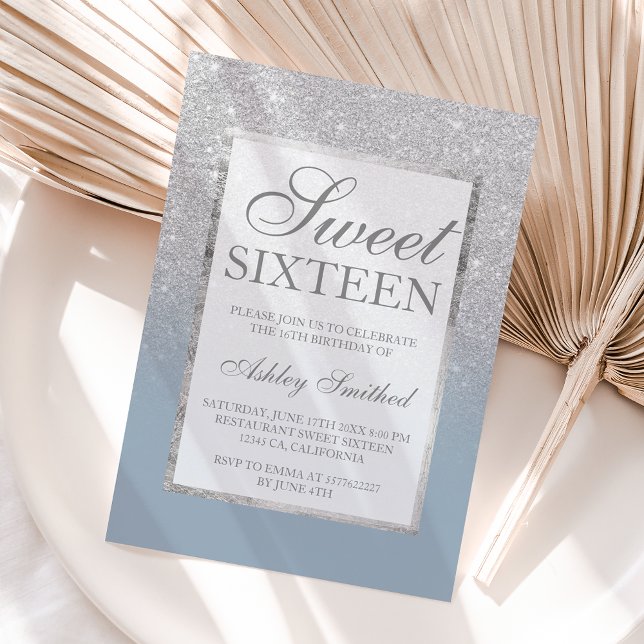 Faux silver glitter blue elegant chic Sweet 16 Invitation (Creator Uploaded)