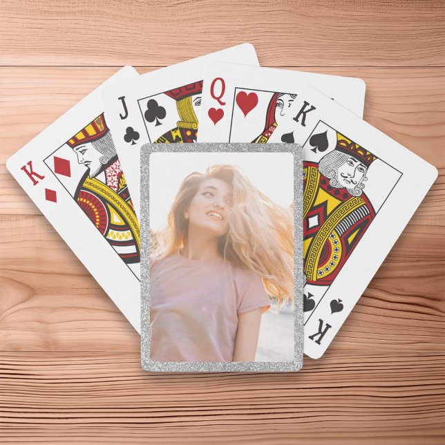 Faux Silver Glitter Border Photo Playing Cards (Faux Silver Glitter Border Photo Poker Cards)