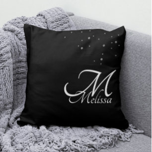 Faux Silver Glitter Embossed Silver Monogram Black Cushion