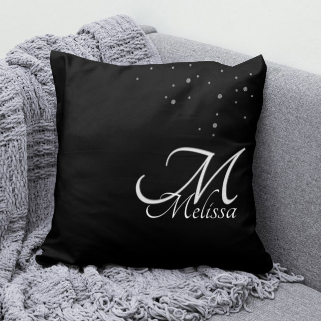 Faux Silver Glitter Embossed Silver Monogram Black Cushion (Silver Monogram Pillow with Your Name and Faux Silver Glitter Confetti)