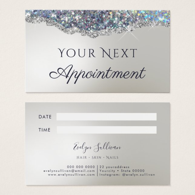 Faux silver glitter foil appointment card (Front & Back)