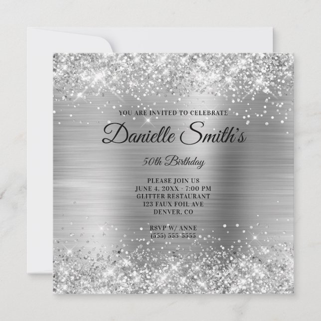 Faux Silver Glitter Foil Monogram 50th Birthday Invitation (Front)