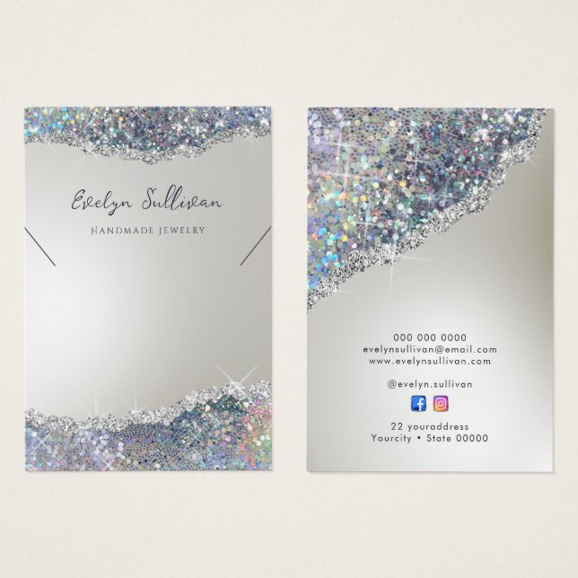 Faux silver glitter foil necklace display card (Front & Back)