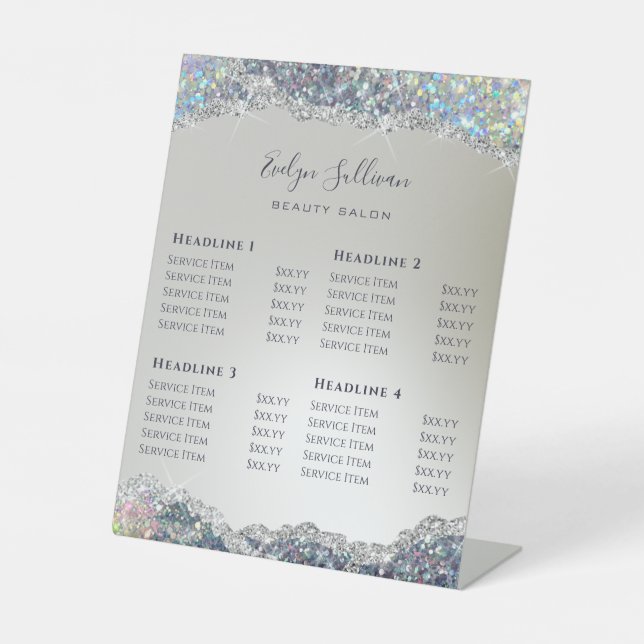 Faux Silver Glitter Foil  Price List Pedestal Sign (Front)