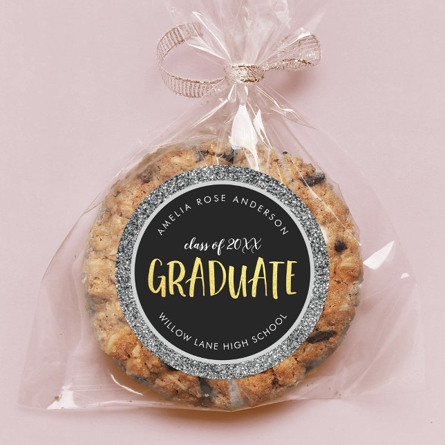 Faux Silver Glitter Graduate Graduation Classic Round Sticker (Creator Uploaded)